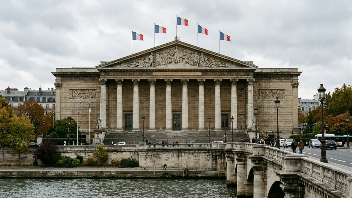 Taux d'emprunt de la France à dix ans après le report du budget — colonnade classique du Palais-Bourbon, drapeaux tricolores et pont de la Concorde sous un ciel d'automne.