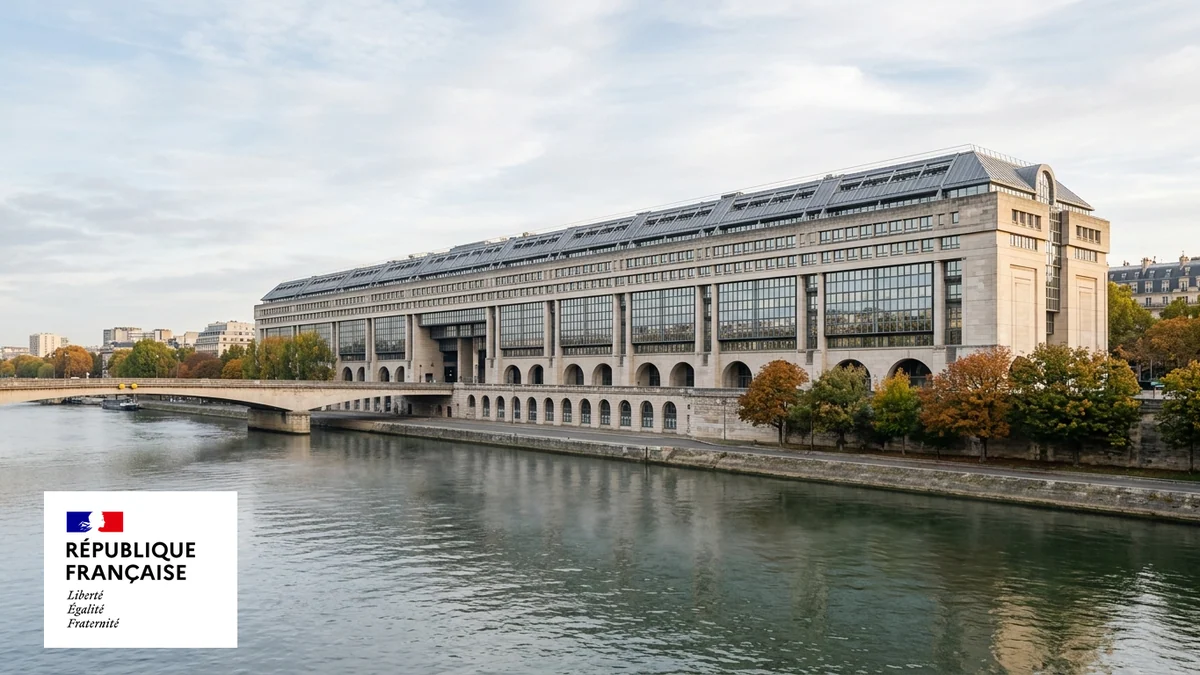 Taux d'emprunt de la France à 10 ans — façade du ministère de l'Économie à Bercy au bord de la Seine, bloc officiel avec la Marianne en incrustation.