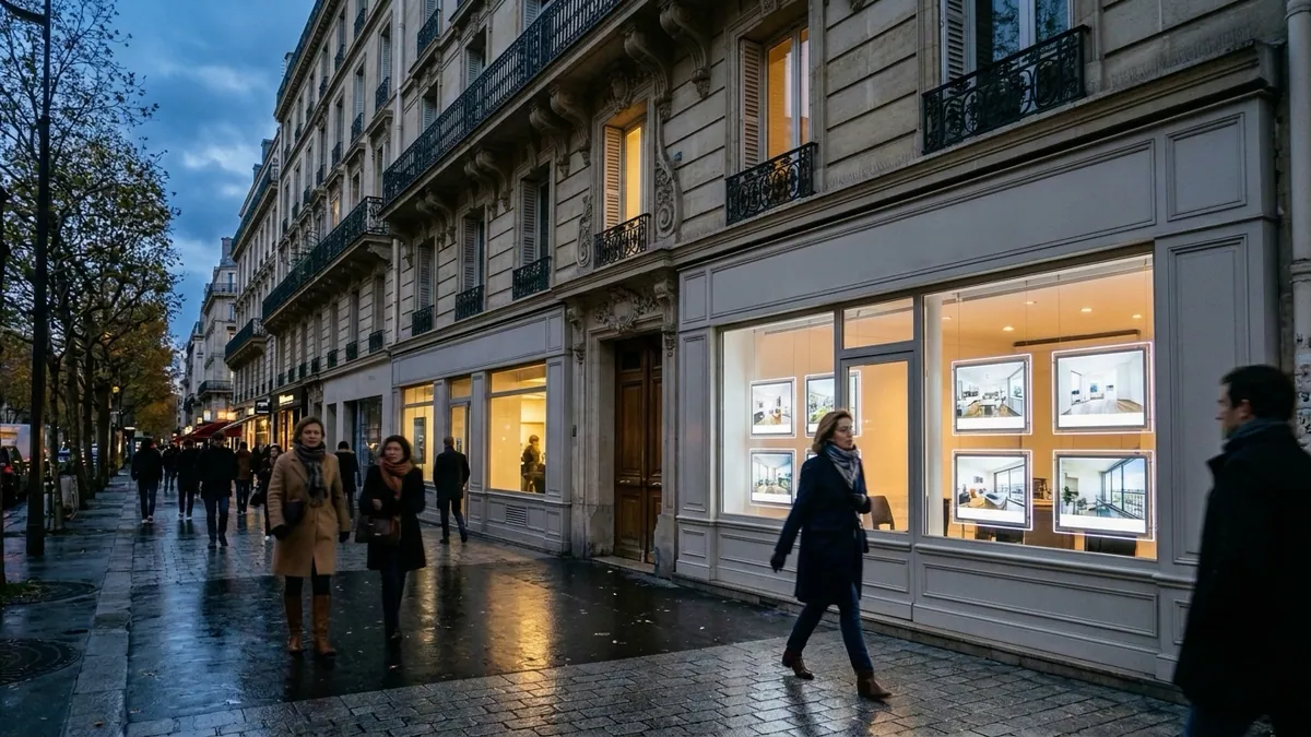 Taux d'emprunt et financement des ménages — vitrine éclairée d'une agence immobilière et passants sur un trottoir parisien au crépuscule d'automne.