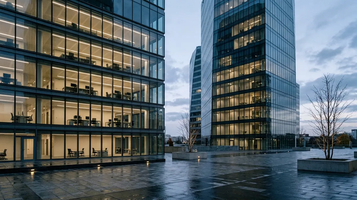 Dépréciation des parts de SCPI de bureaux — tours tertiaires contemporaines en région parisienne au crépuscule, plateaux inoccupés visibles derrière les façades vitrées et parvis désert.