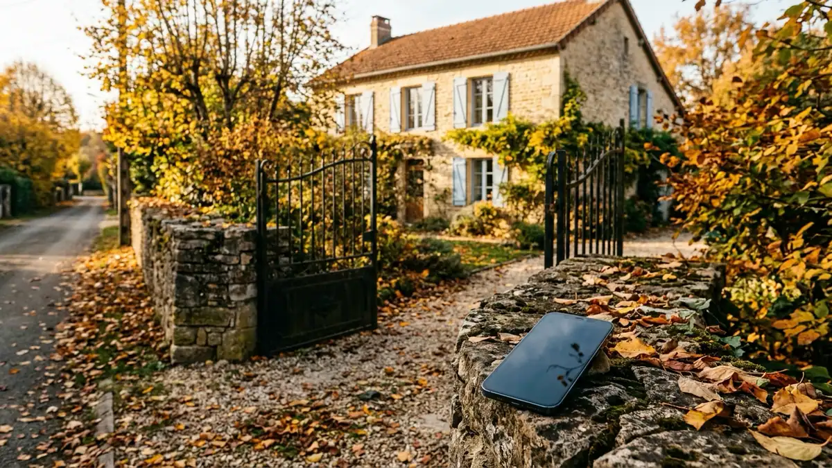 Échéance de la taxe foncière pour les propriétaires — maison en pierre aux volets bleus derrière un portail entrouvert et smartphone posé sur un muret jonché de feuilles d'automne.