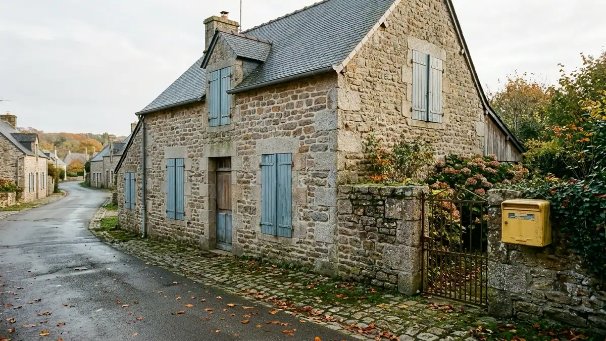 Taxe d'habitation sur les résidences secondaires — maison côtière en pierre aux volets en bois clos et boîte aux lettres jaune dans une ruelle déserte en automne.