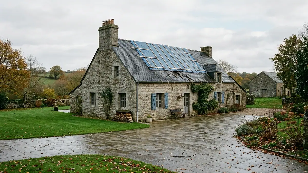 Dégâts de toiture causés par la tempête Austen — pavillon en pierre aux ardoises arrachées et bâche bleue de protection fixée par des liteaux.