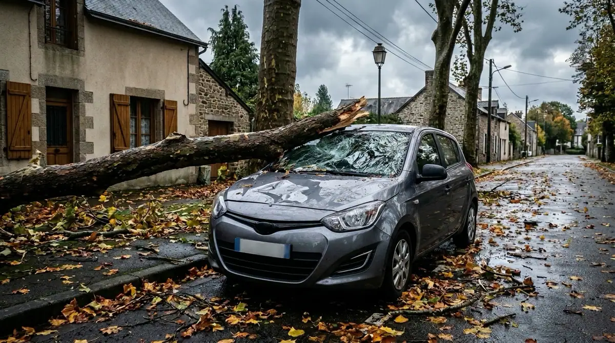 Indemnisation des véhicules par l'assurance auto — citadine écrasée par une grosse branche d'arbre sur une chaussée humide jonchée de feuilles.