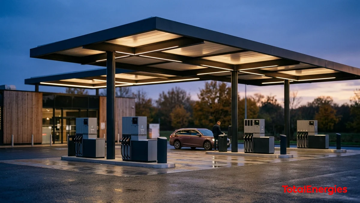 Baisse du prix du gazole chez TotalEnergies — station-service en France au crépuscule, pistes sous auvent éclairé et logo officiel de l’enseigne intégré en bas à droite.