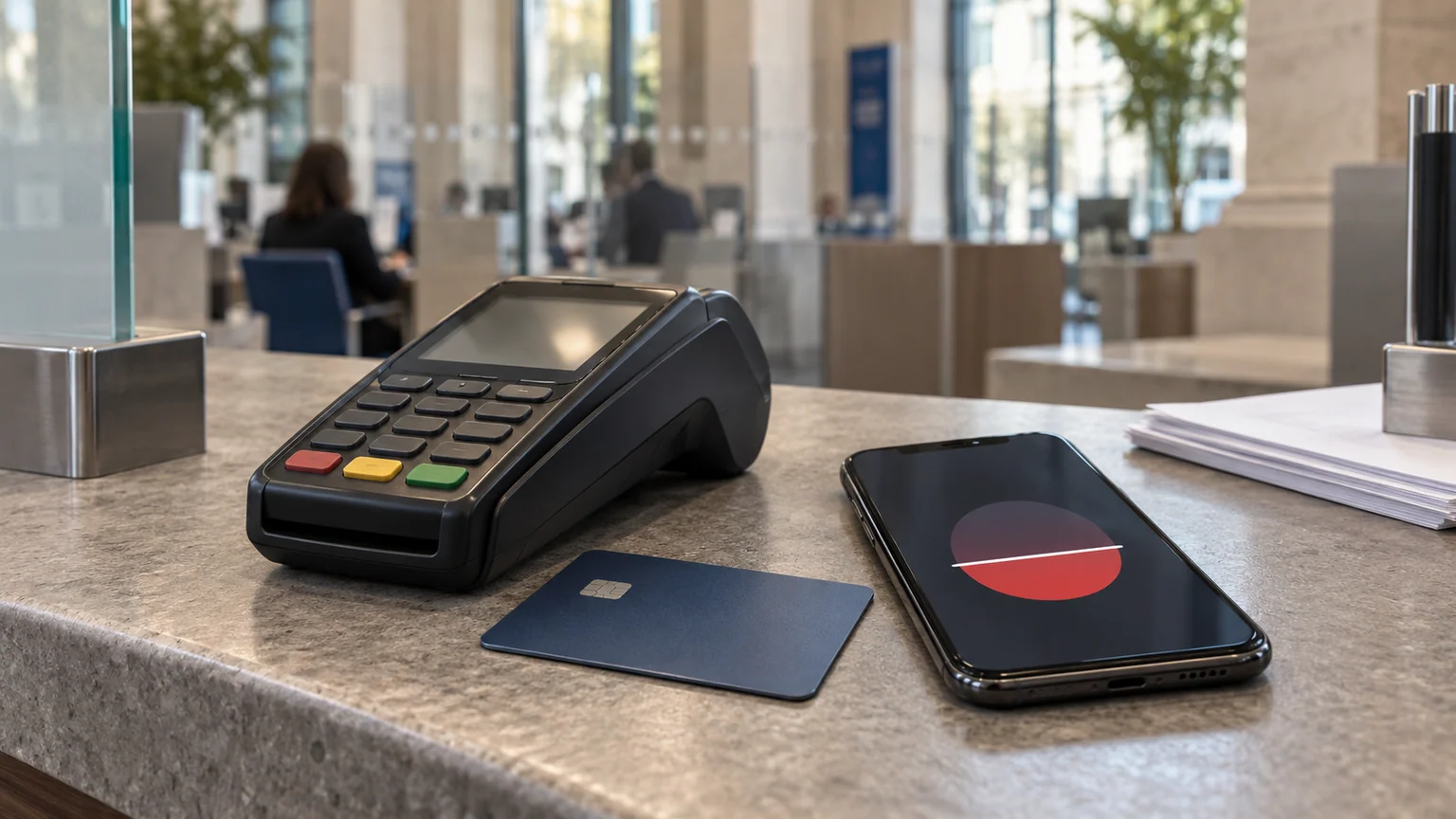 Nouvelle autorisation de découvert bancaire — terminal de paiement, carte neutre et smartphone affichant un indicateur abstrait sous zéro sur un comptoir d’agence française.