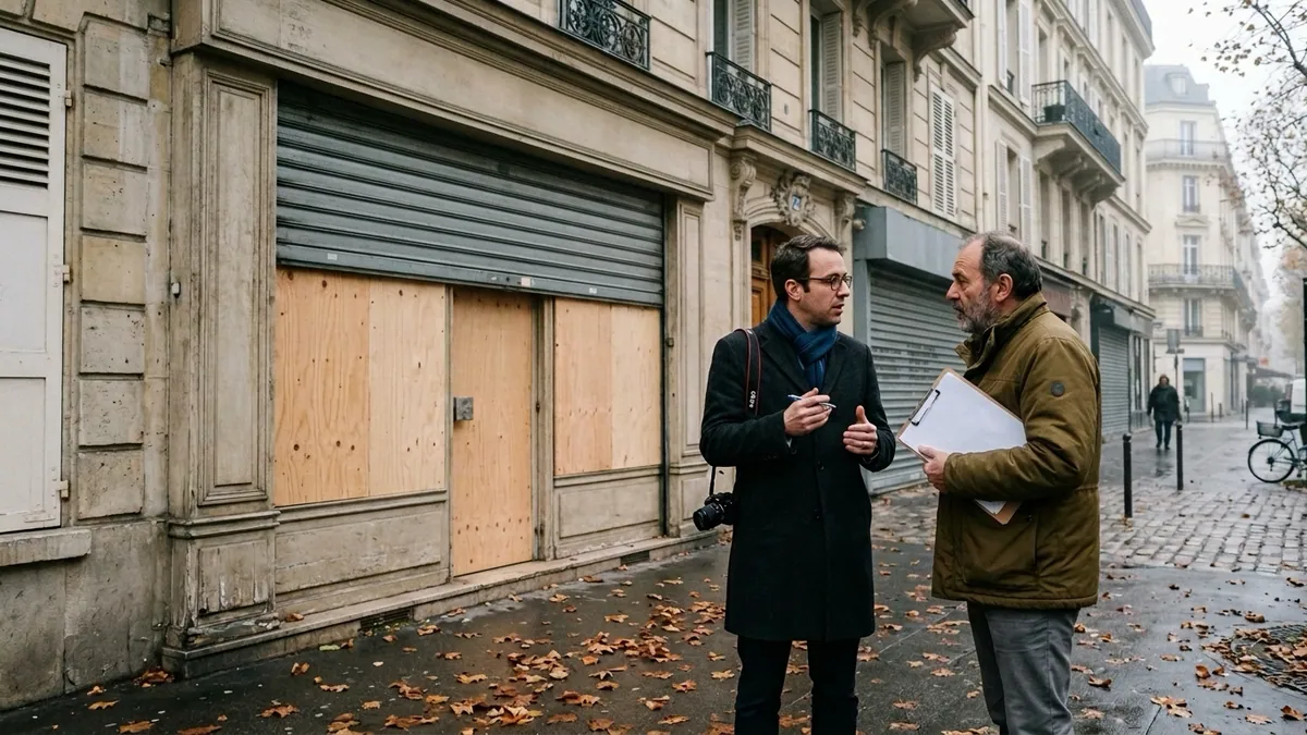 Indemnisation après des violences urbaines — deux hommes constatant les dégâts devant un commerce sécurisé par des panneaux de bois et un rideau métallique.
