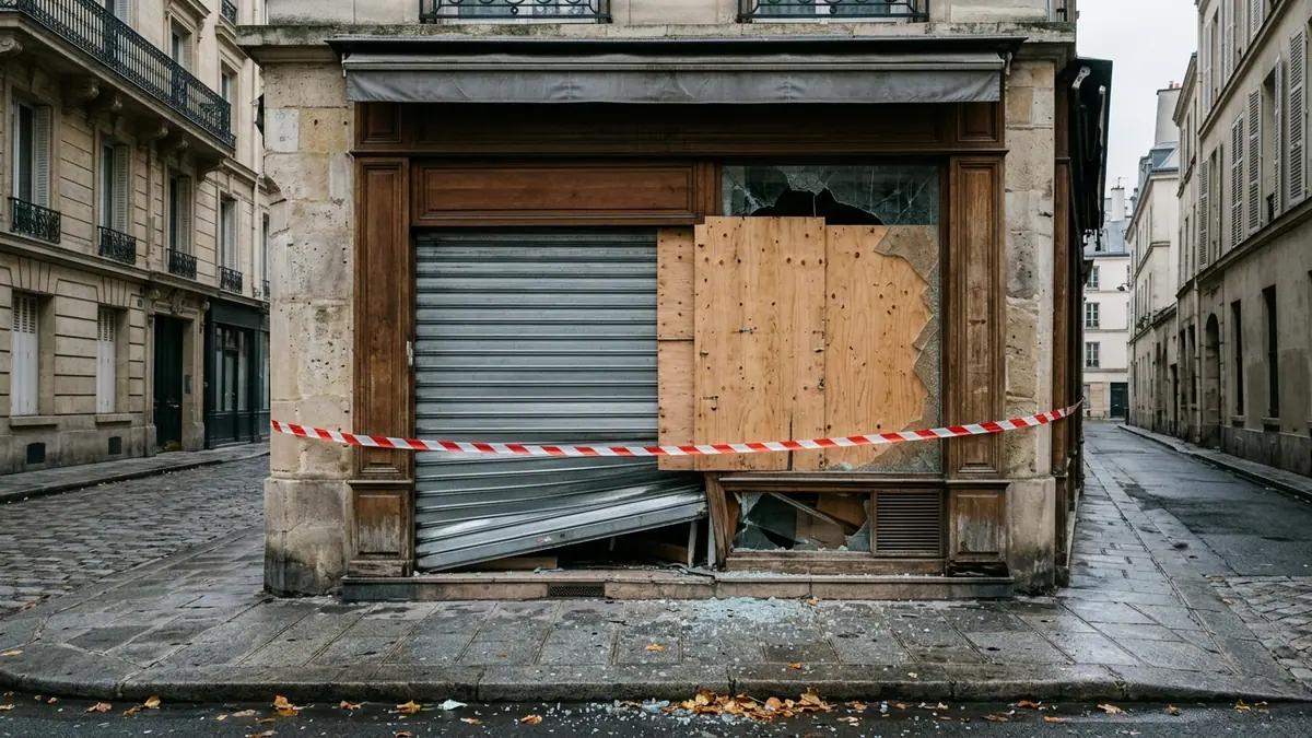 Déclaration de sinistre après les violences urbaines — devanture d'une boutique de centre-ville avec rideau métallique déformé et vitrine consolidée par des panneaux de bois.