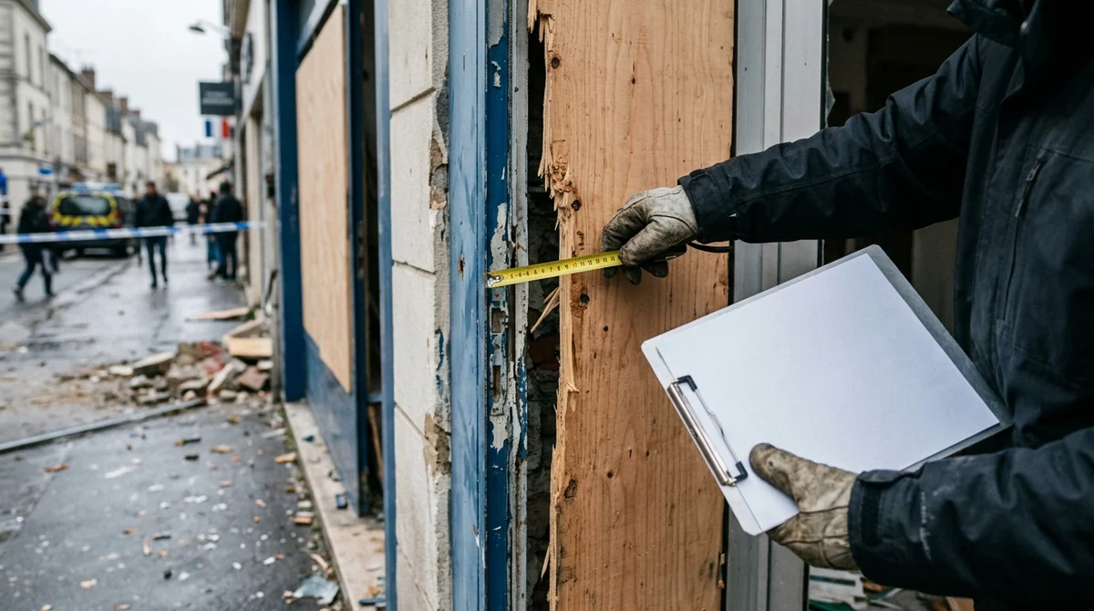 Délais d'expertise accordés par les assureurs — mains d'un professionnel déployant un mètre ruban contre les panneaux de bois d'une devanture sinistrée.