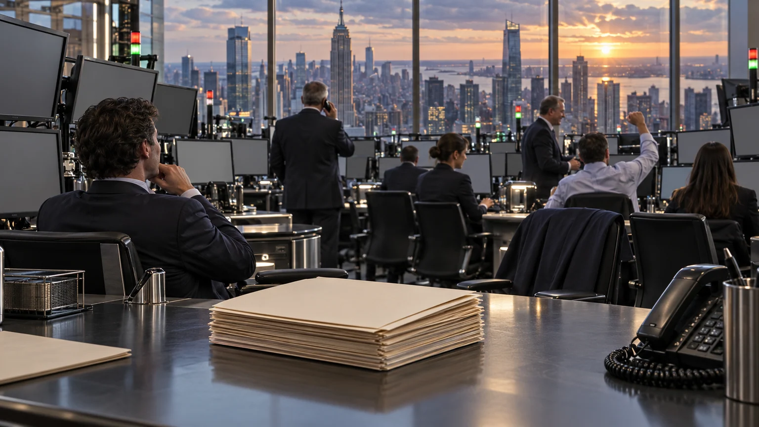Wall Street après le repli des rendements — salle de marché new-yorkaise au coucher du soleil, écrans éteints, opérateurs au travail et dossiers obligataires vierges au premier plan.
