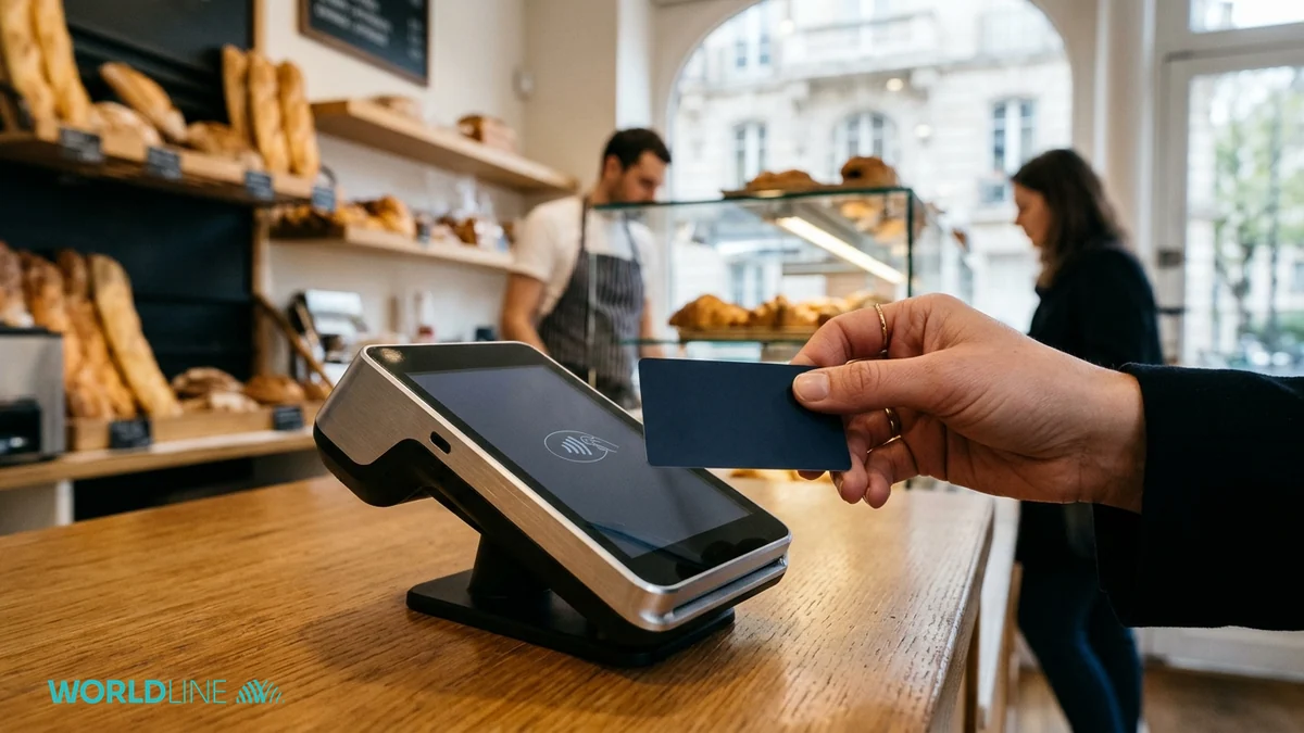 Activités de paiement de Worldline auprès des commerçants — terminal d'encaissement sur un comptoir en chêne, carte sans contact en main et logo officiel.