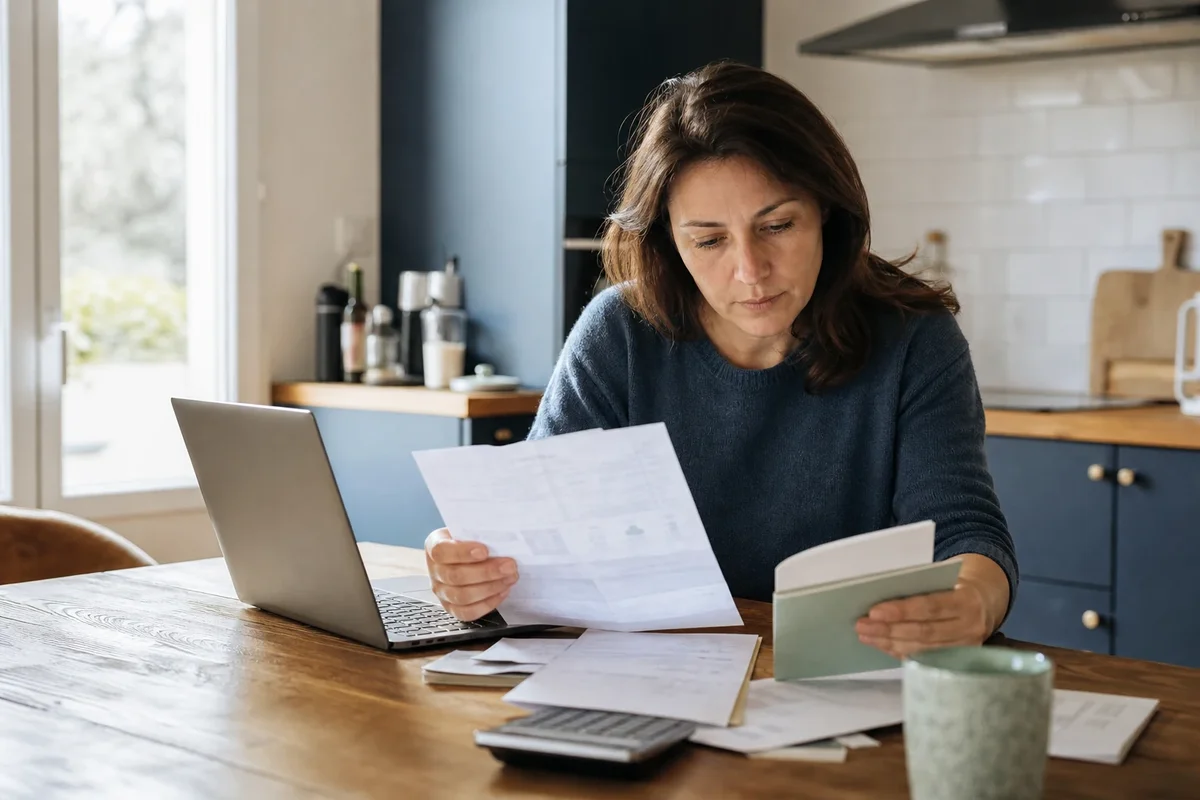 Personne consultant des relevés bancaires sur une table, scène réaliste en France