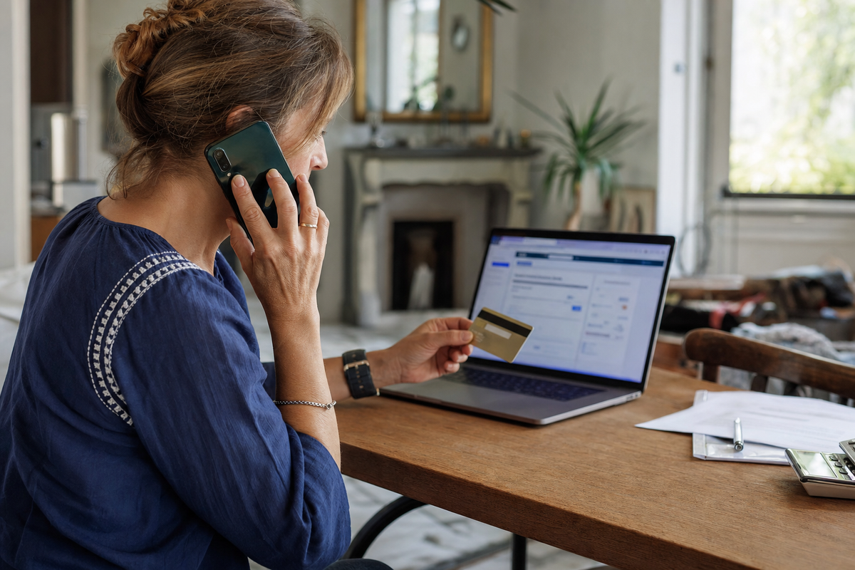 Personne tenant une carte bancaire et appelant sa banque au téléphone, à domicile