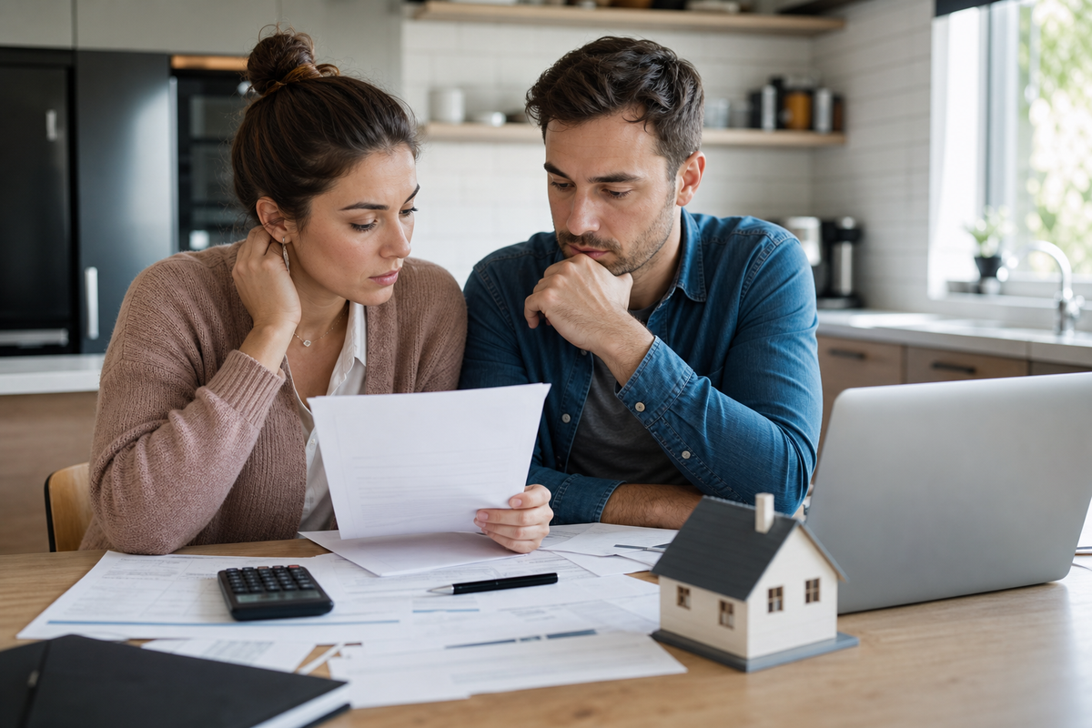 Couple en France préparant un dossier de prêt immobilier avec documents et ordinateur portable sur une table
