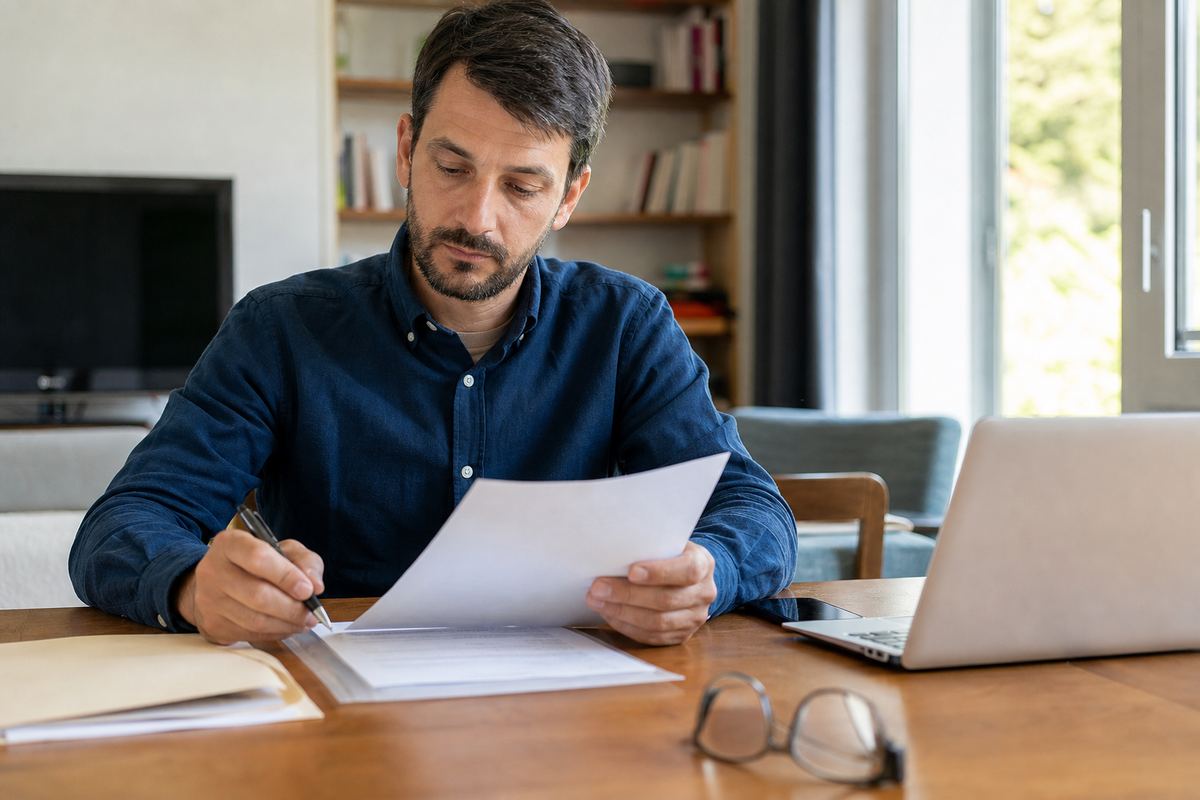 Personne relisant un contrat d’assurance‑vie et une clause bénéficiaire, documents étalés sur une table, scène réaliste en France