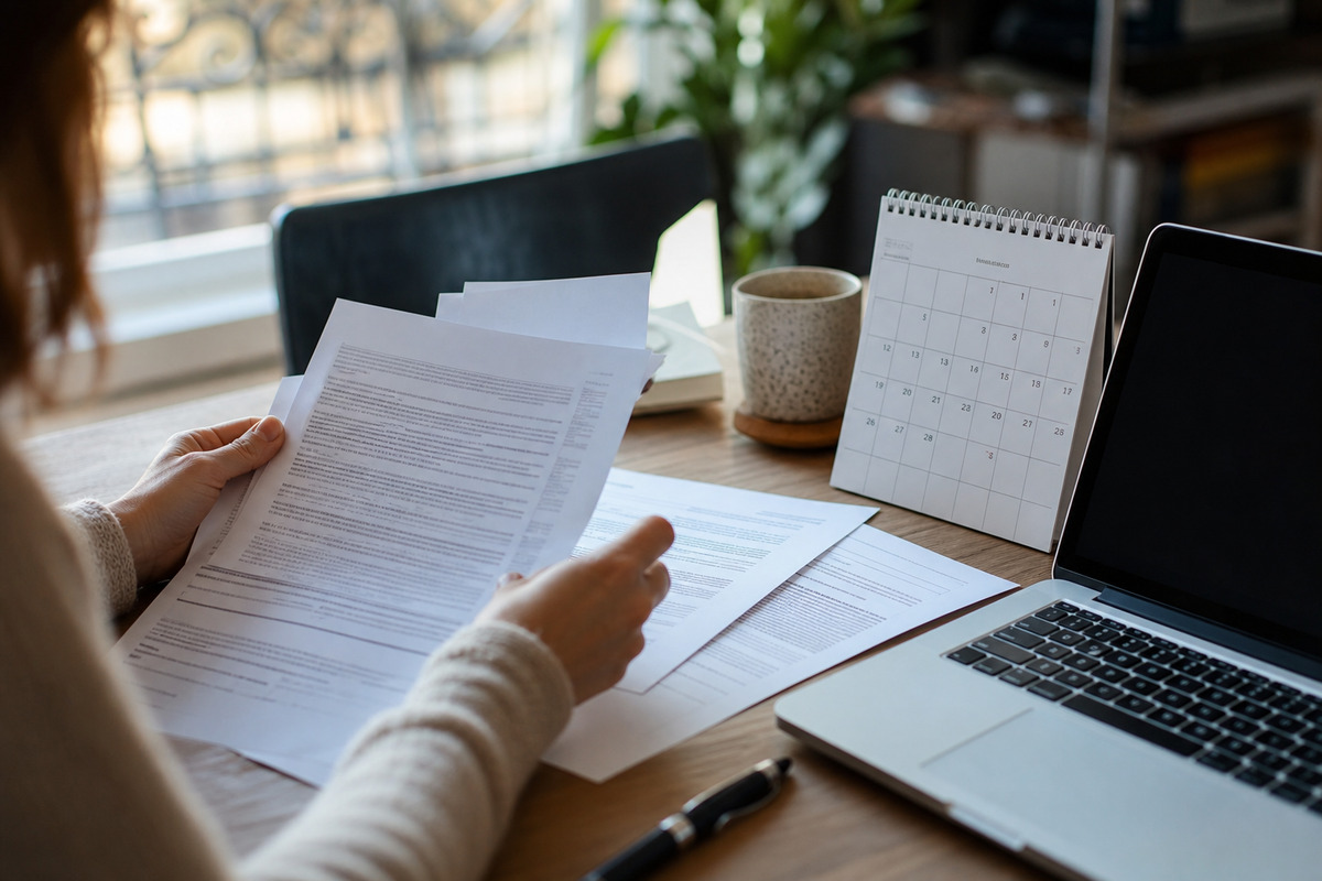Personne en France relisant une offre de prêt immobilier avec un calendrier et des documents sur une table, ambiance bureau, lumière naturelle
