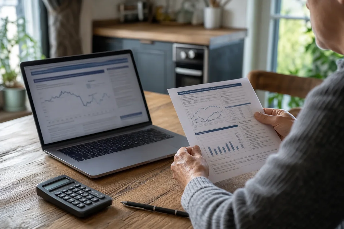 Personne en France examinant sur ordinateur la documentation d’un ETF, avec documents papier et calculatrice sur une table