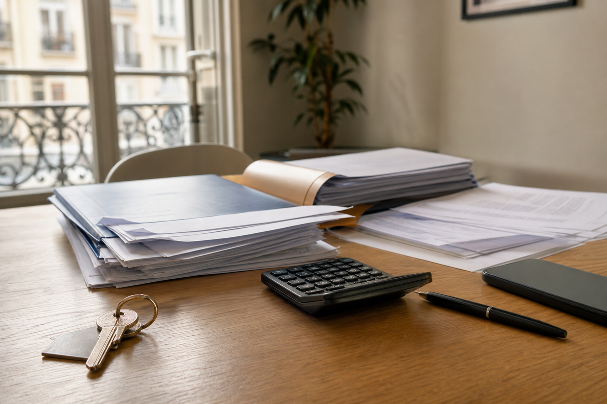 Photojournalistic: dossier de prêt immobilier sur une table en France, documents papier, calculatrice et clés de logement, lumière naturelle, scène réaliste sans texte ni logos