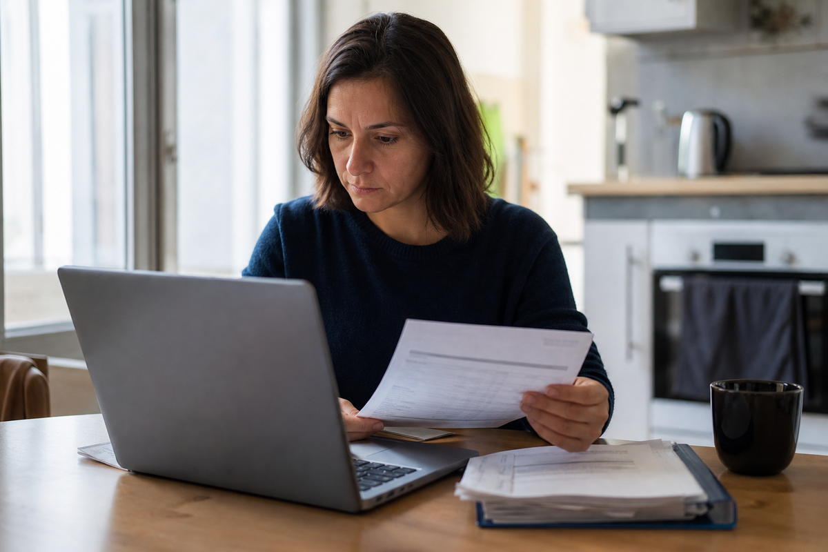 Personne consultant un livret d’épargne sur ordinateur portable avec des relevés bancaires sur une table, scène réaliste en France