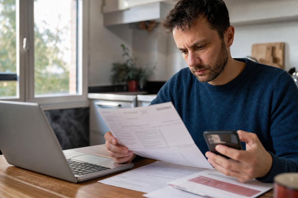 Personne en France vérifiant un relevé bancaire et une facture impayée, illustrant un prélèvement rejeté et des frais bancaires.