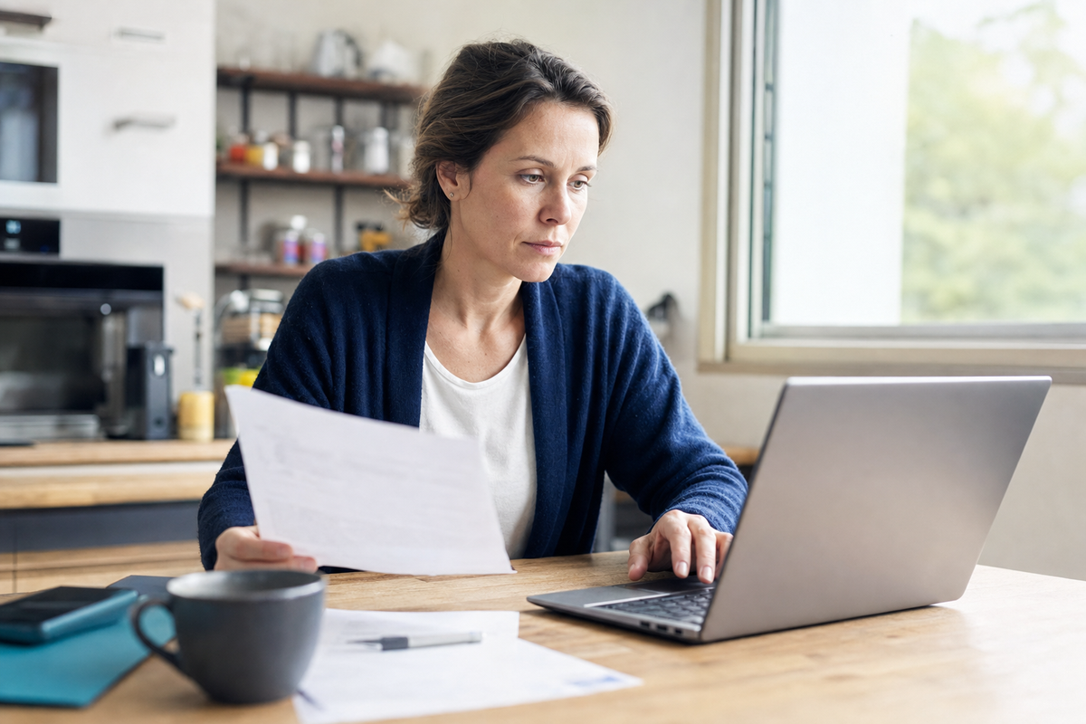 Personne vérifiant un dossier d’assurance sur un ordinateur portable avec des documents posés sur une table
