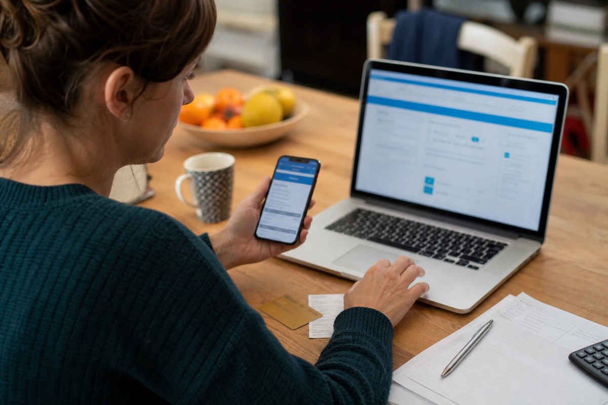 Une personne en France consulte un relevé et prépare une contestation de paiement par carte sur son ordinateur, téléphone en main.