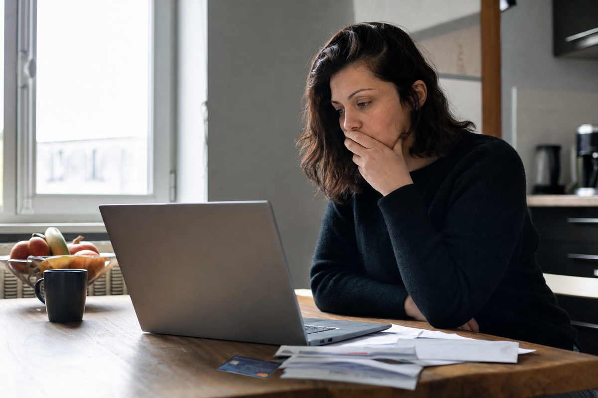 Une personne en France examine ses frais bancaires sur un relevé, avec une carte bancaire et des courriers sur une table, scène réaliste et sans texte lisible.