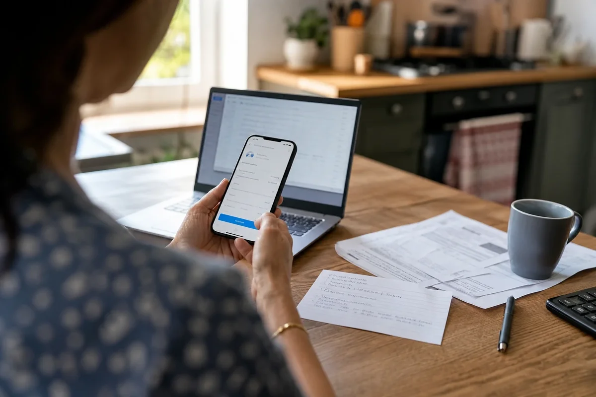 Virement instantané : une personne valide un virement sur smartphone, sur une table avec des documents bancaires