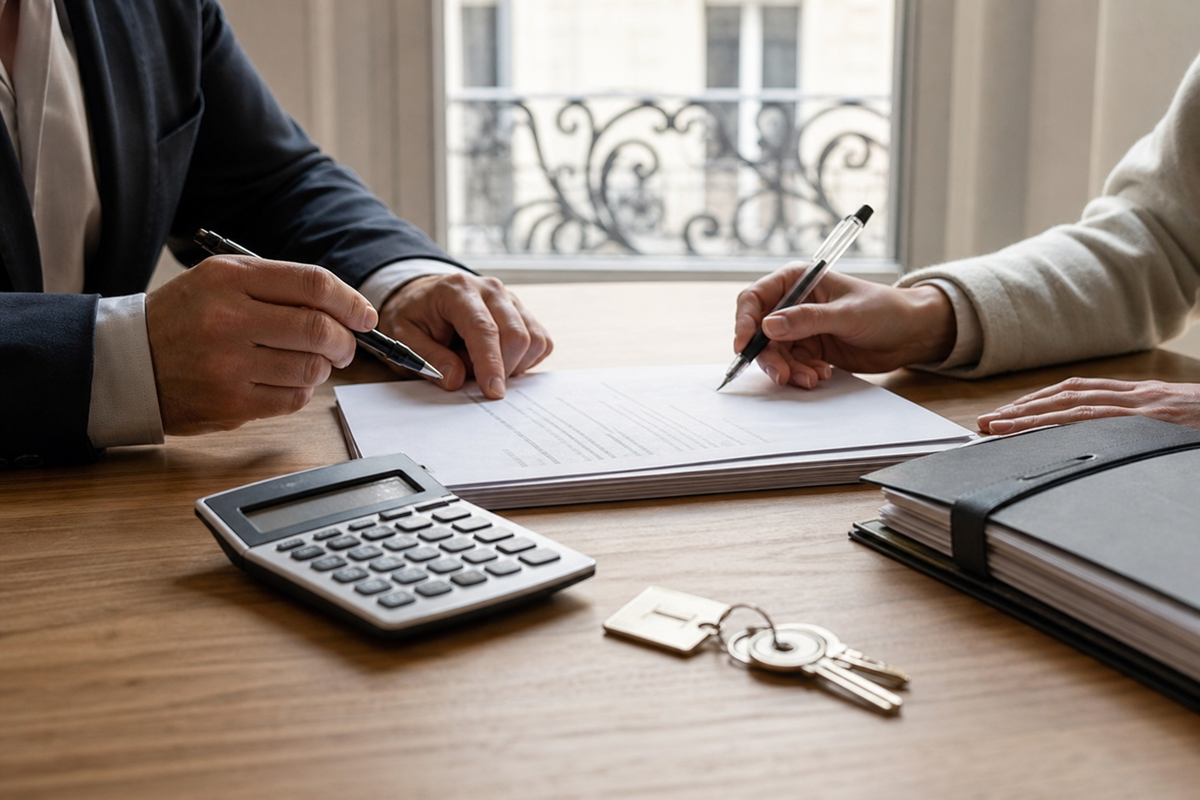Photojournalistic: signature d'un acte d'achat immobilier en France sur une table, dossier papier, stylo, calculatrice et clés de logement, conseiller ou notaire non identifiable, lumière naturelle, style documentaire photoréaliste, sans texte lisible ni logos