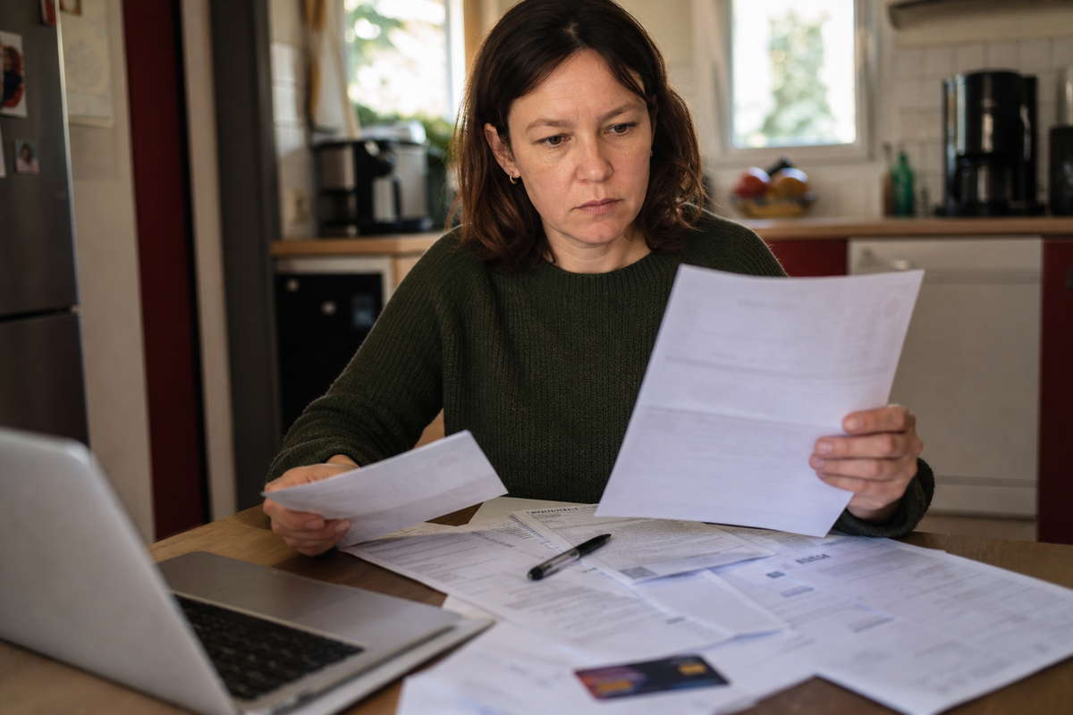 Une personne en France examine un relevé bancaire et un courrier, avec une carte bancaire sur la table, scène réaliste sans texte lisible.