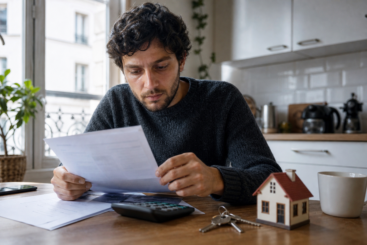 Personne examinant un dossier de prêt immobilier avec calculatrice et clés de logement sur une table.