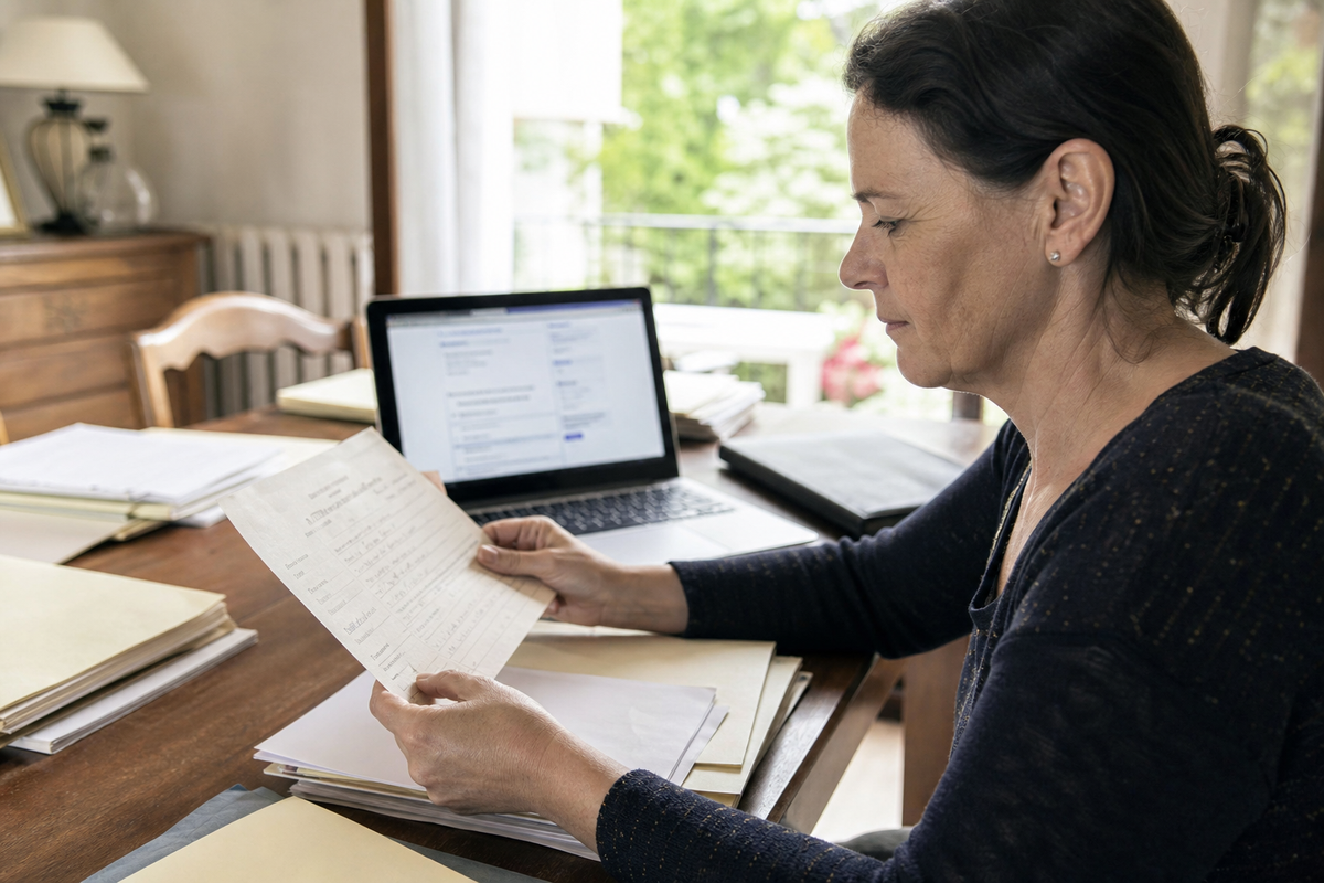 Adulte consultant des documents successoraux et un ordinateur portable pour rechercher un contrat d'assurance-vie après un décès, dans une scène photojournalistique réaliste en France