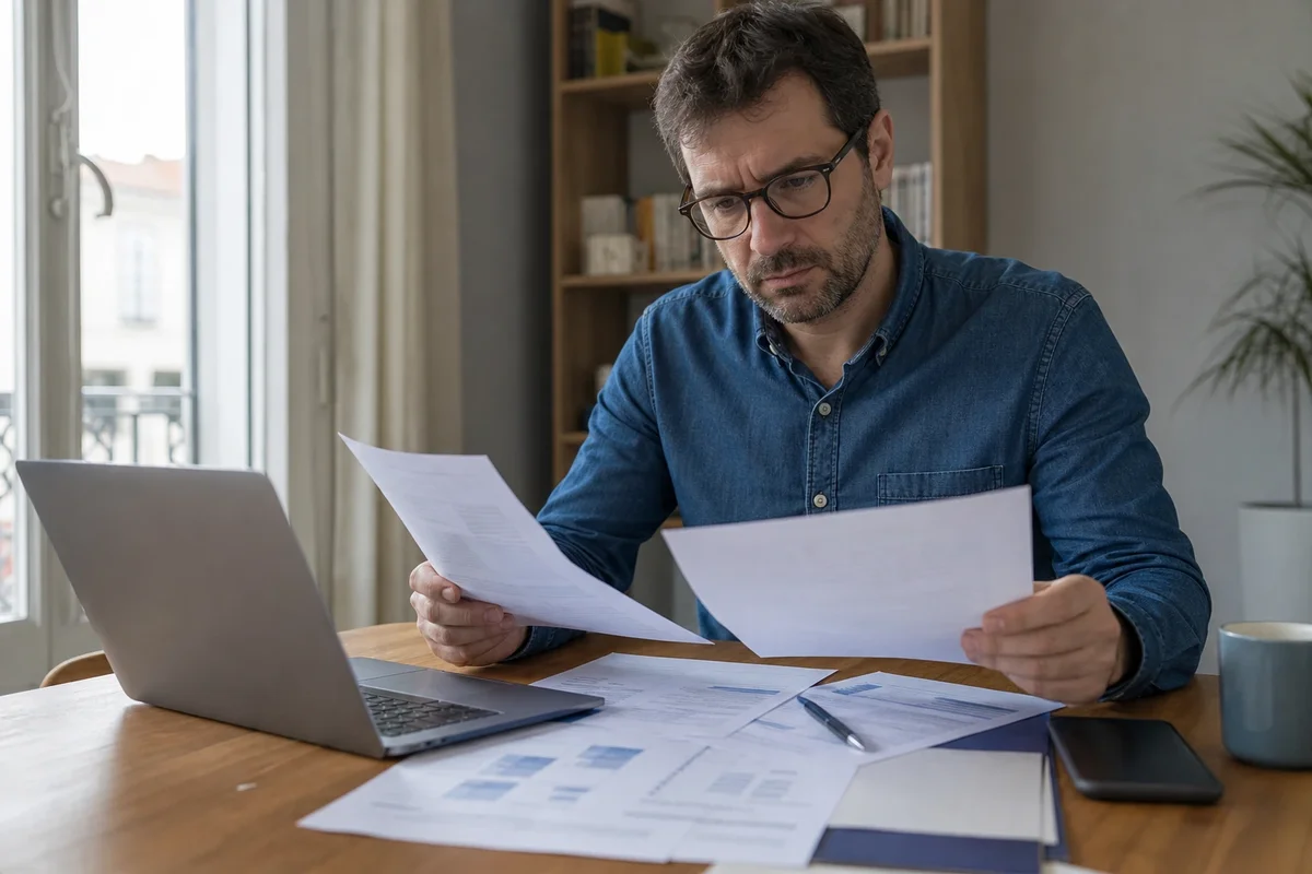 Particulier en France préparant une réclamation sur un investissement boursier, avec ordinateur portable, relevés financiers et carnet sur une table.