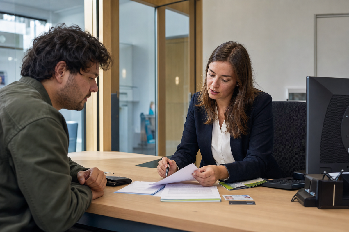 Un client remet des documents à une conseillère bancaire dans un bureau lumineux, scène réaliste en France sans texte lisible.