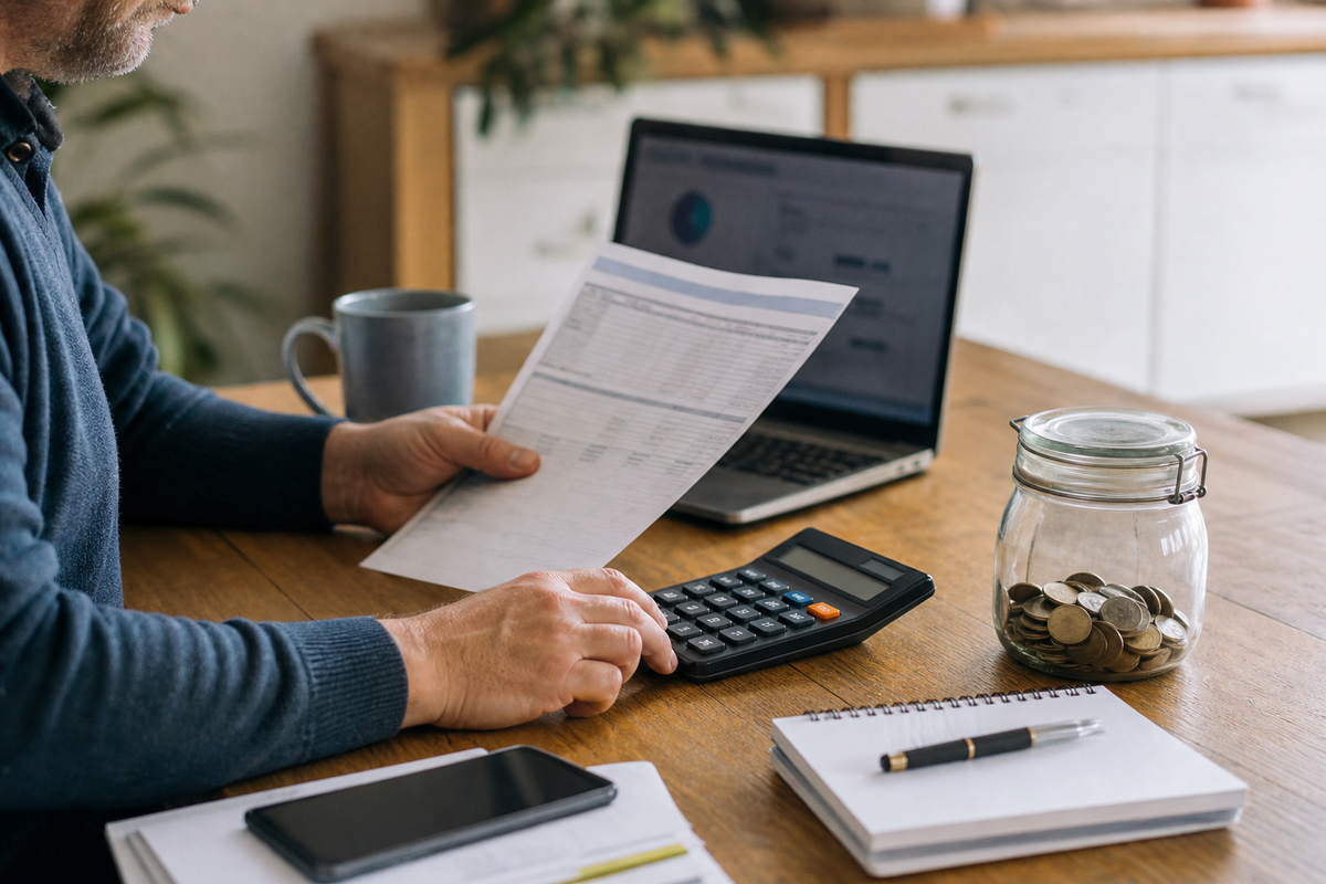 Personne consultant des documents de crédit et un budget domestique à une table, avec calculatrice et carte bancaire, scène réaliste en France.