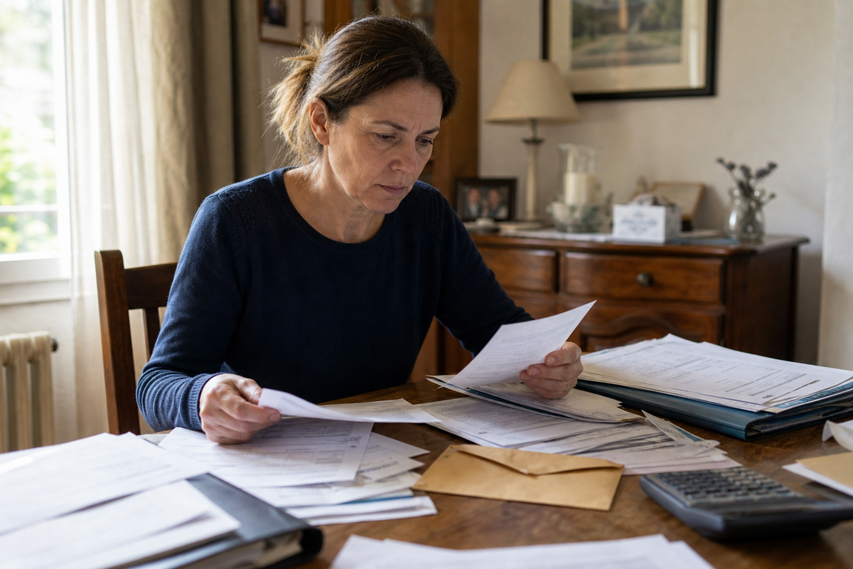 Documents de succession et relevés bancaires sur une table en France, avec un proche préparant des démarches administratives