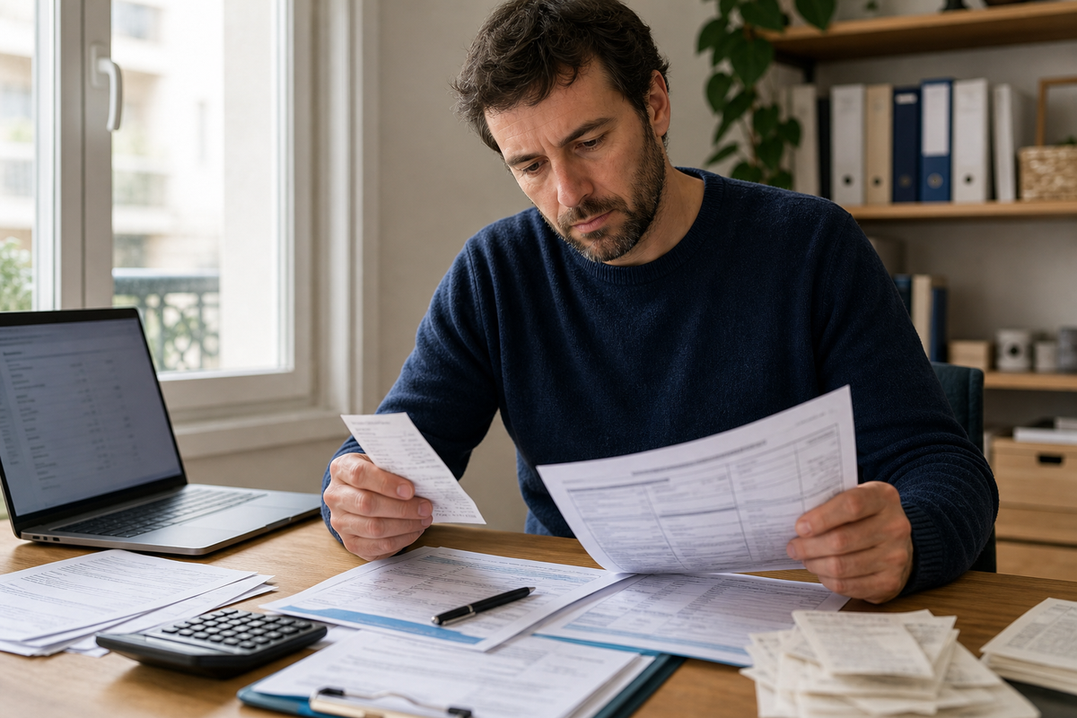 Personne en France classant des justificatifs de pension alimentaire devant une declaration de revenus sur un bureau