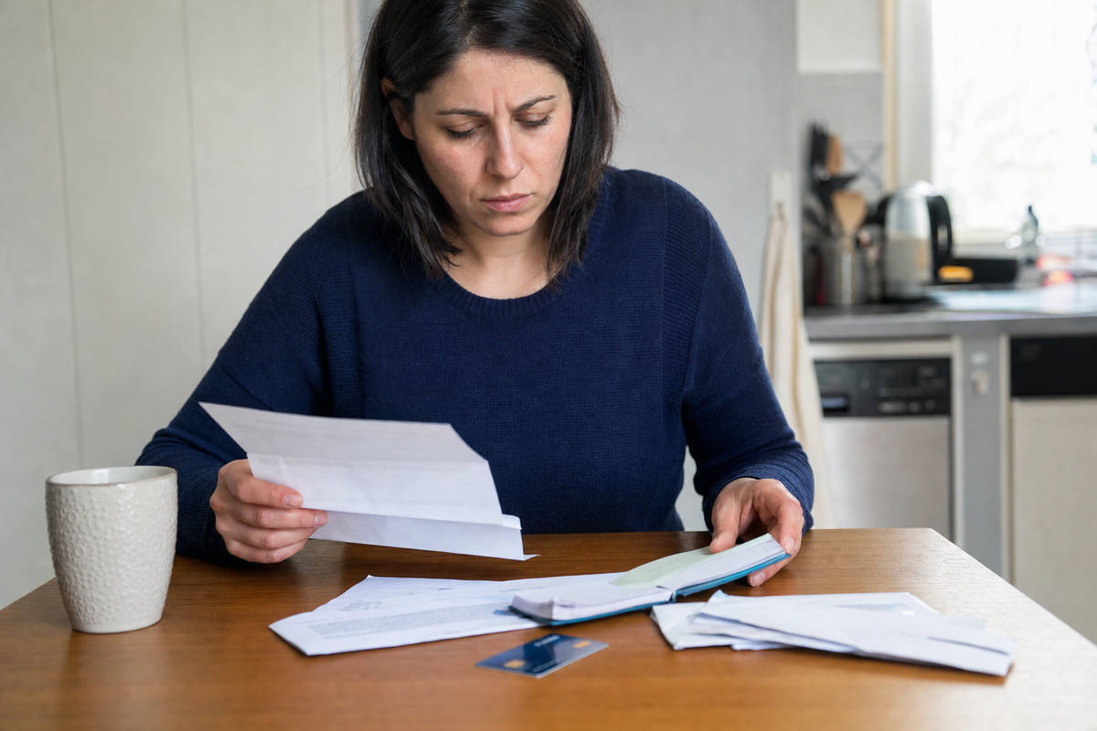 Une personne en France relit un courrier bancaire à sa table avec des enveloppes et une carte bancaire, scène documentaire réaliste sans texte lisible.