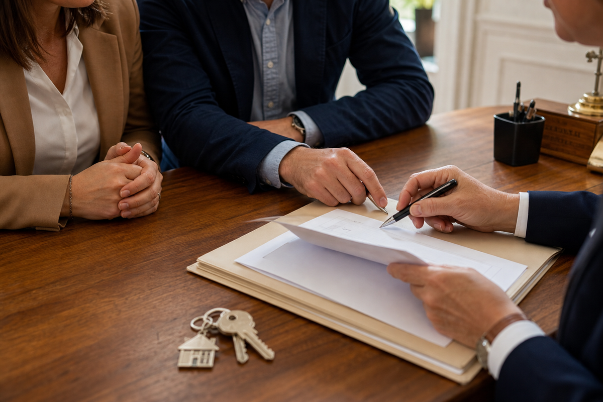 Signature d'un dossier de crédit immobilier avec clés et documents de garantie