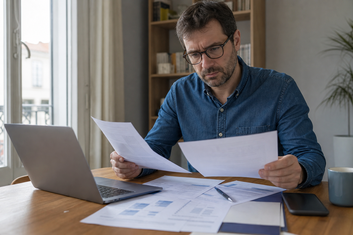 Investisseur particulier en France consultant un releve de portefeuille sur ordinateur portable avec documents financiers sur une table