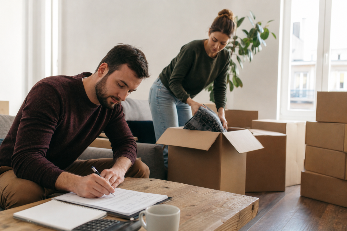 Couple preparant des cartons de demenagement dans un appartement lumineux