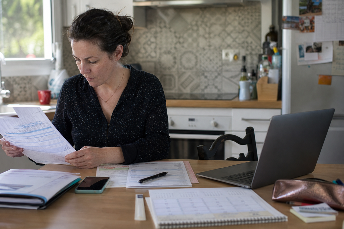 Contribuable consultant un calendrier de juin et des documents fiscaux a domicile