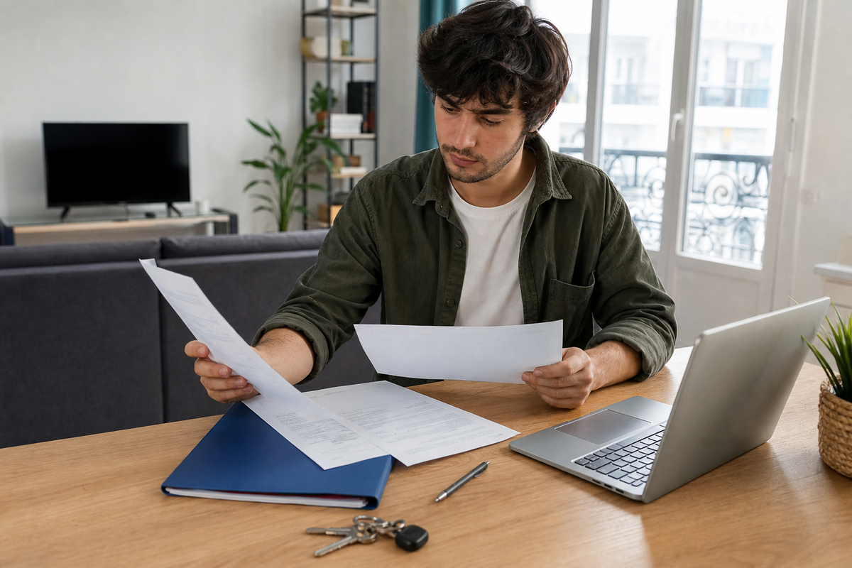 Jeune adulte preparant un dossier de location avec des cles et des documents