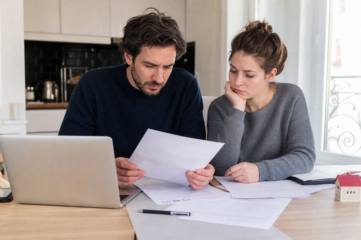 Couple consultant une offre de pret immobilier et des documents d'assurance emprunteur autour d'une table, dans une scene photojournalistique realiste en France