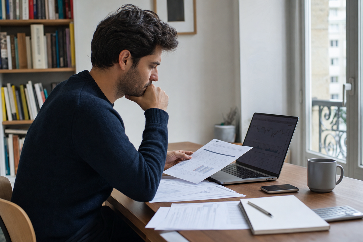 Particulier en France comparant des documents d’investissement et un écran de marché avant d’ouvrir un compte-titres.