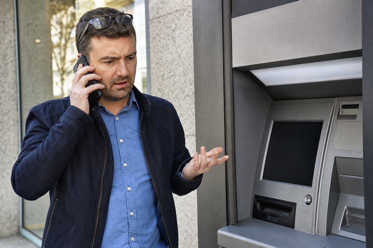 Adulte appelant sa banque devant un distributeur automatique après la rétention de sa carte, scène photojournalistique réaliste en France