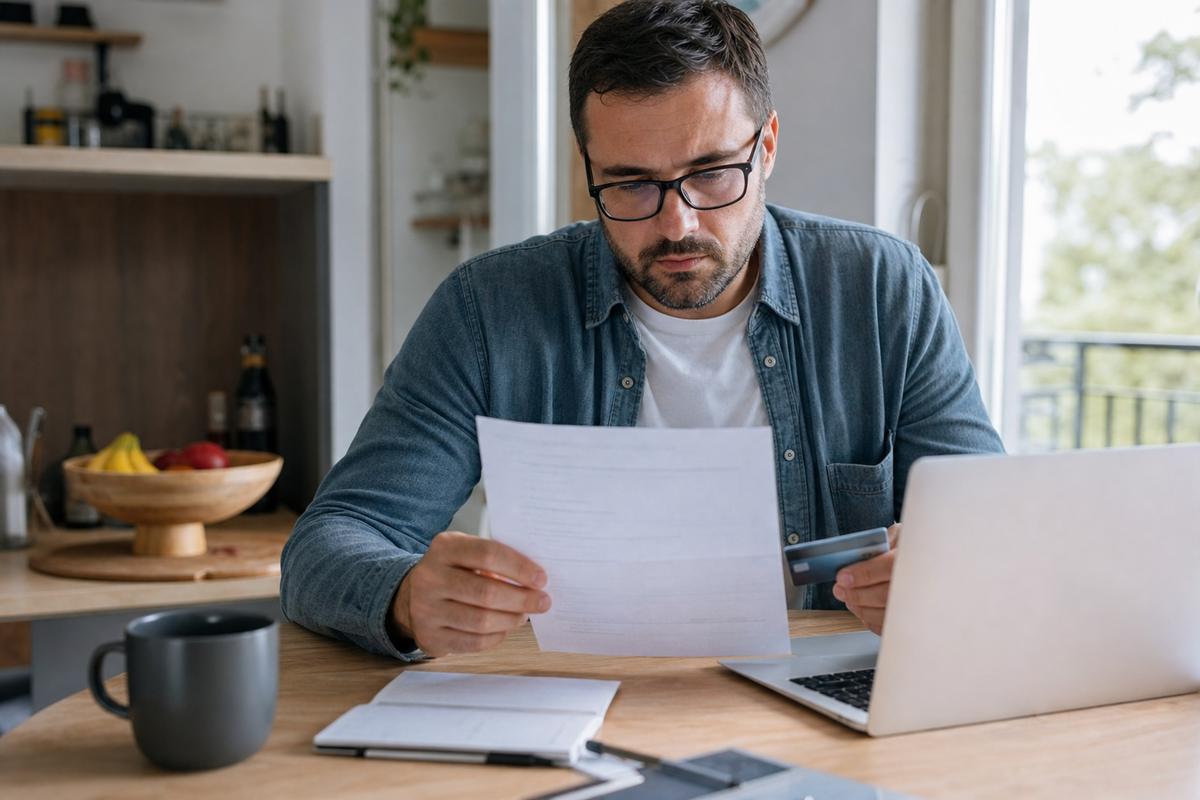 Une personne relit un courrier bancaire a domicile avec une carte et un chequier poses sur la table, scene realiste en France sans texte lisible.