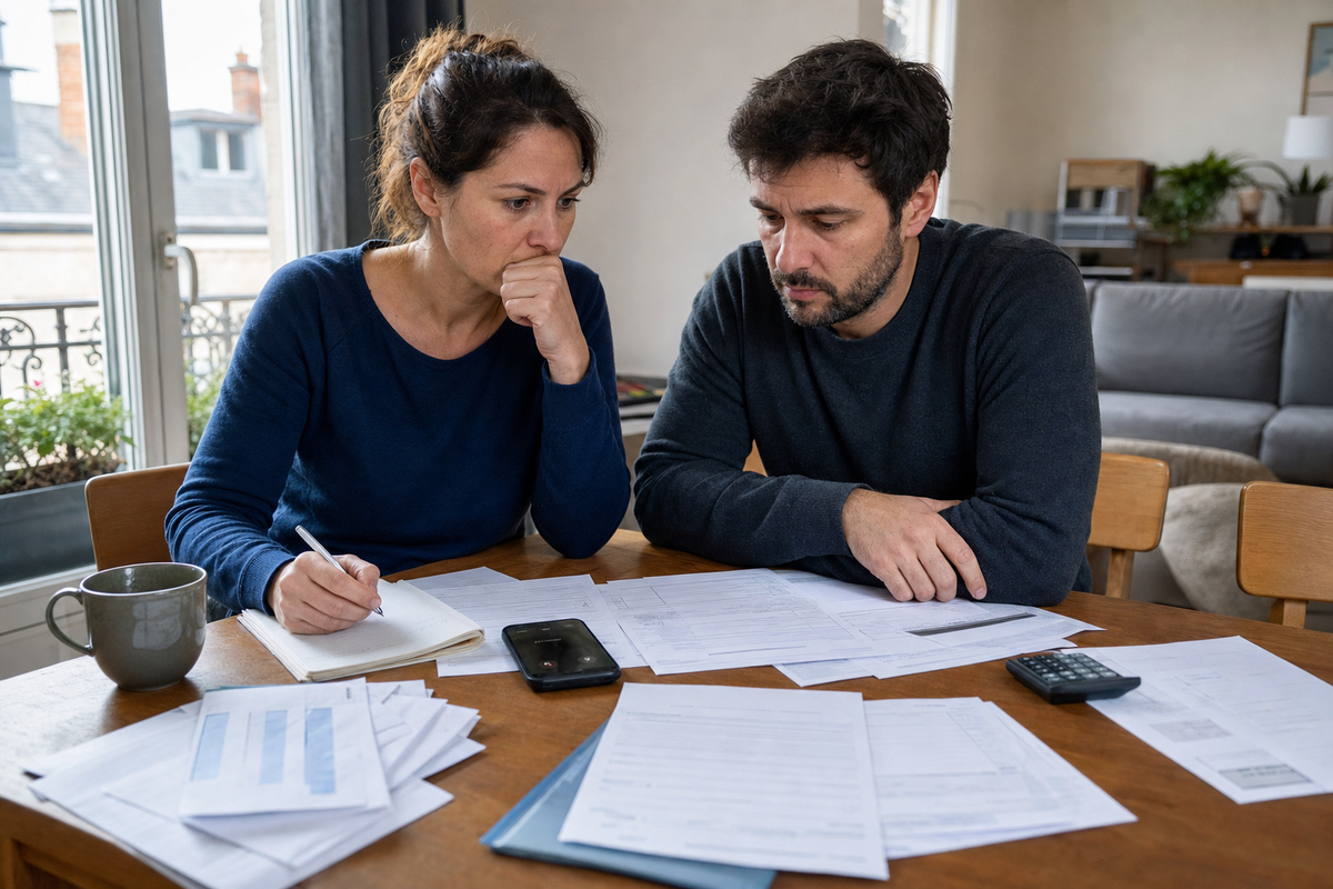 Couple consultant ses échéances de prêt immobilier et appelant sa banque à domicile