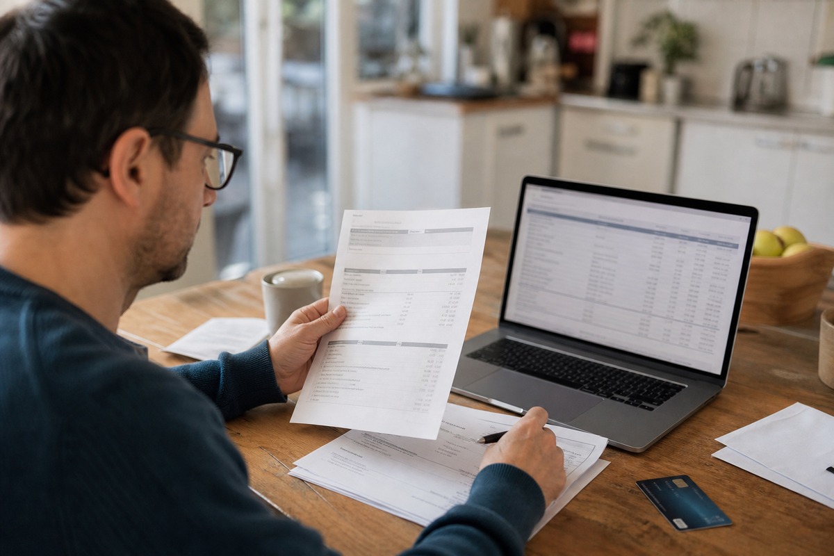 Une personne en France compare un relevé bancaire imprimé et des frais affichés sur un ordinateur portable, scène éditoriale réaliste sans texte lisible.
