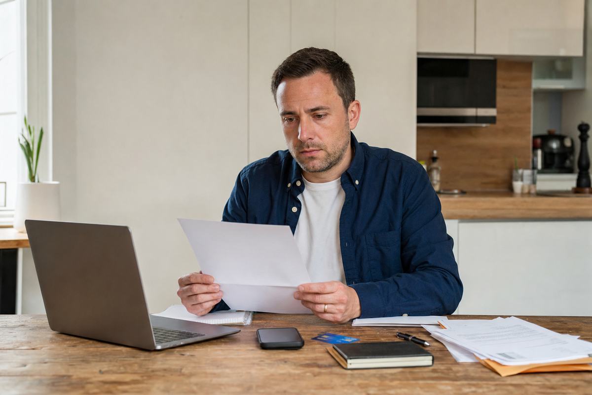 Une personne lit un courrier bancaire à son domicile devant un ordinateur portable, avec des documents et une carte bancaire sur la table, scène réaliste en France sans texte lisible.
